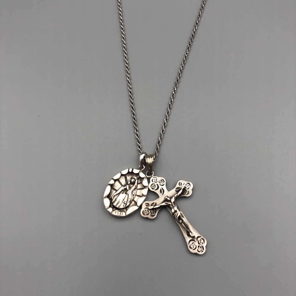 Maria De Guadalupe &amp; Rose Cross Silver Necklace