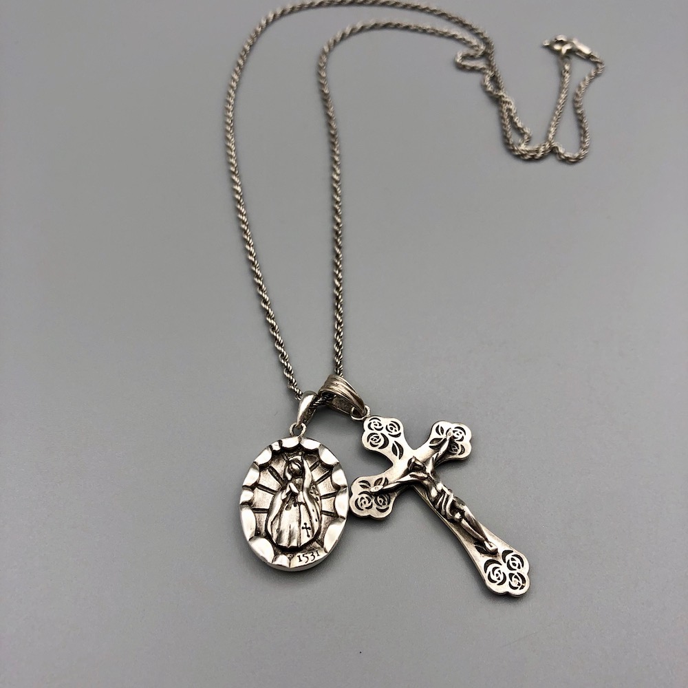 Maria De Guadalupe &amp; Rose Cross Silver Necklace